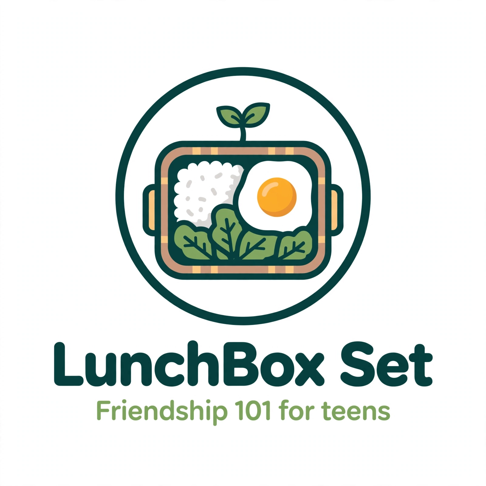 Logo LunchBox Set: kotak bekal berisi nasi, telur mata sapi, sayur hijau, dan kecambah di dalam lingkaran, dengan tulisan LunchBox Set — Friendship 101 for teens
