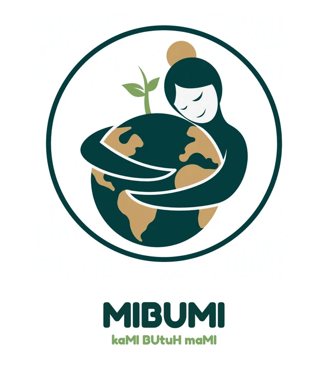 Logo MIBUMI: seorang ibu memeluk bumi sementara kecambah tumbuh di sisinya