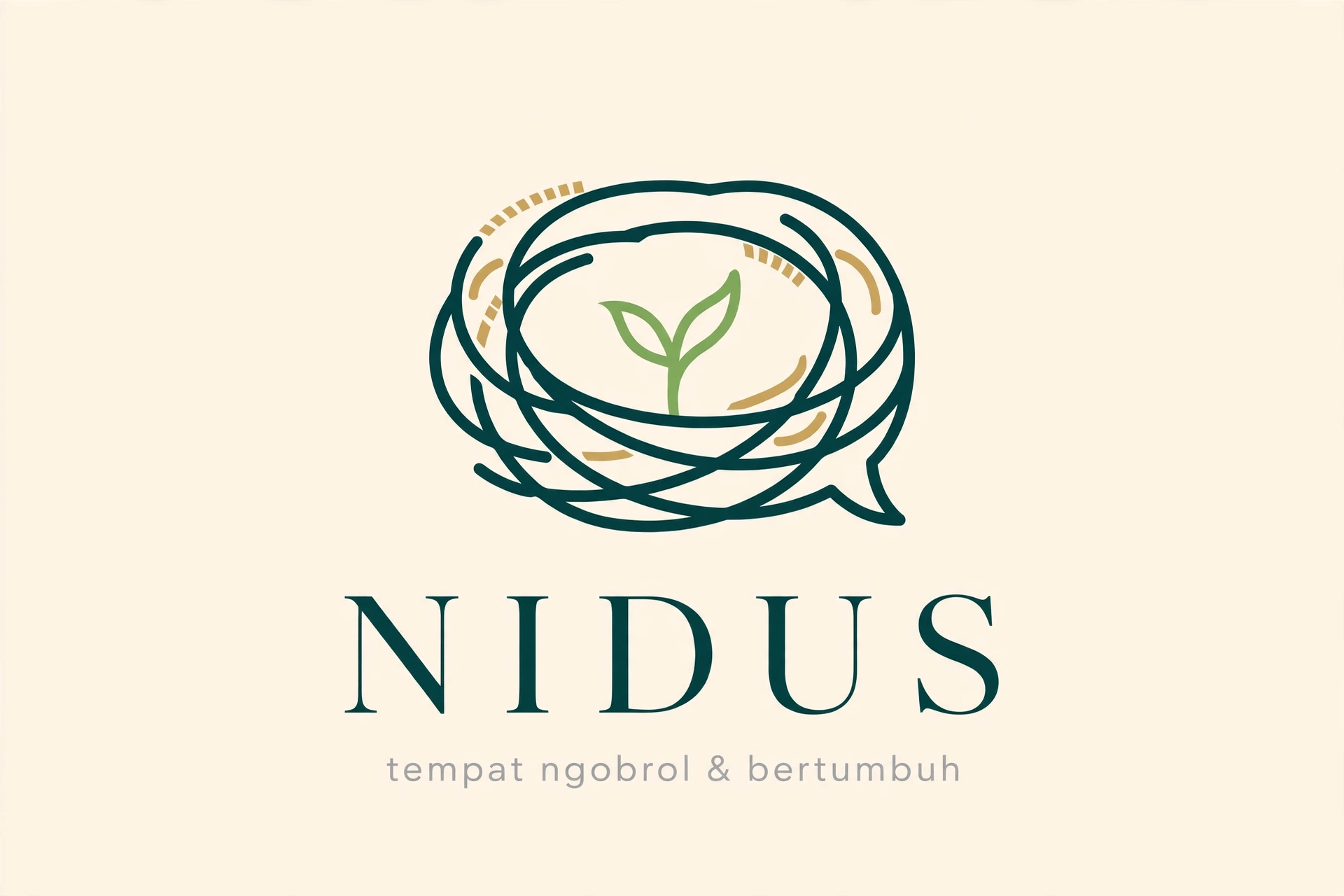 Logo Nidus: dua balon percakapan membentuk sarang yang melindungi kecambah