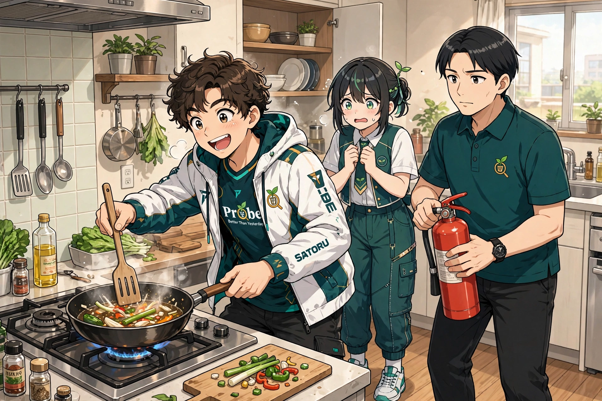 Satoru, Mamori, dan Shugo beraktivitas bersama di dapur