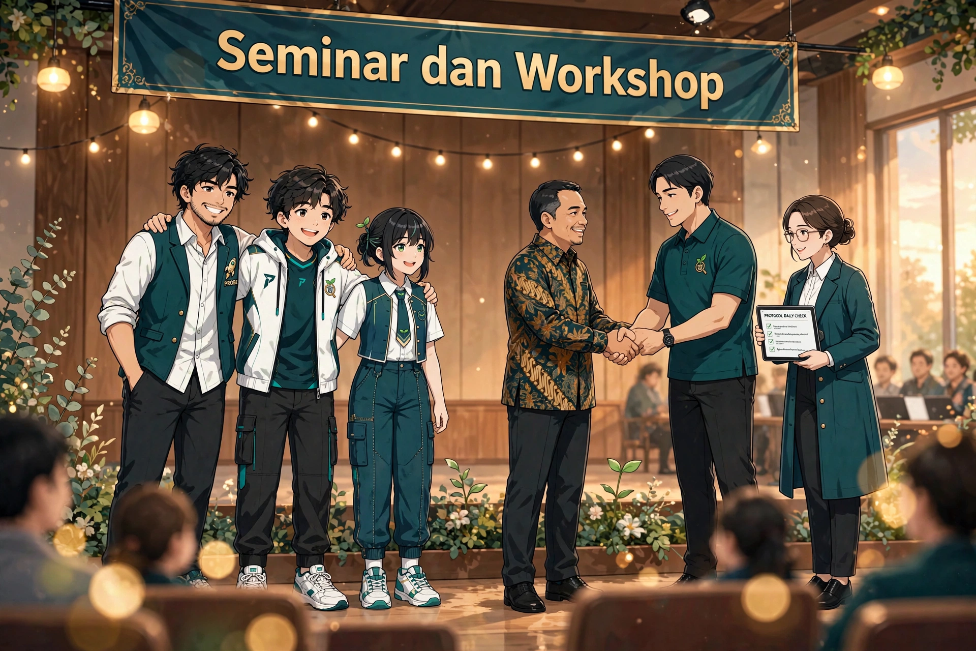 Tim Probe di atas panggung seusai seminar: Boekfa, Satoru, dan Mamori berfoto bersama, sementara Shugo dan Granitsa bersalaman dengan penyelenggara acara di bawah spanduk Seminar dan Workshop