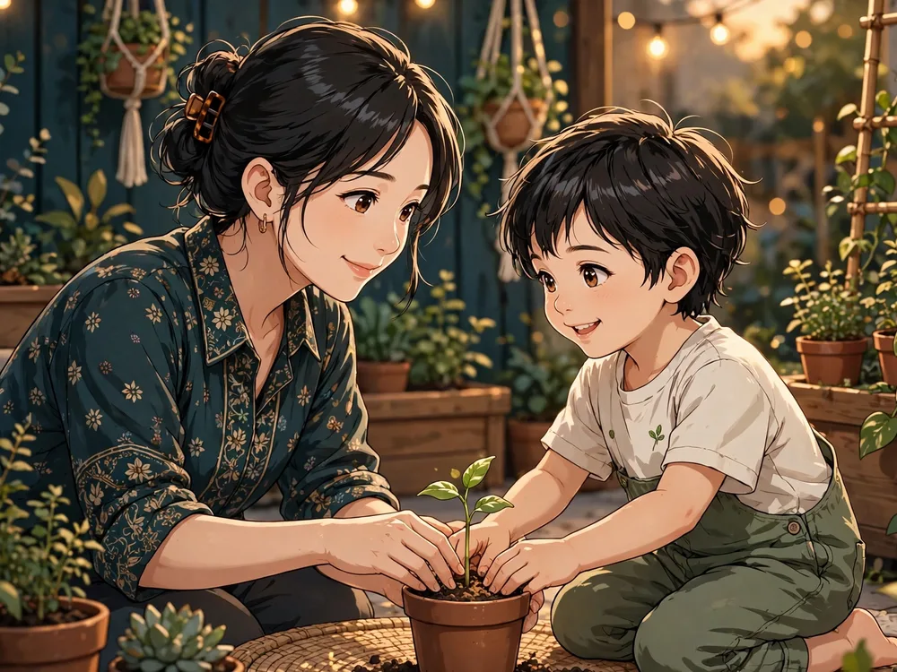Ibu dan anak menanam kecambah bersama di kebun