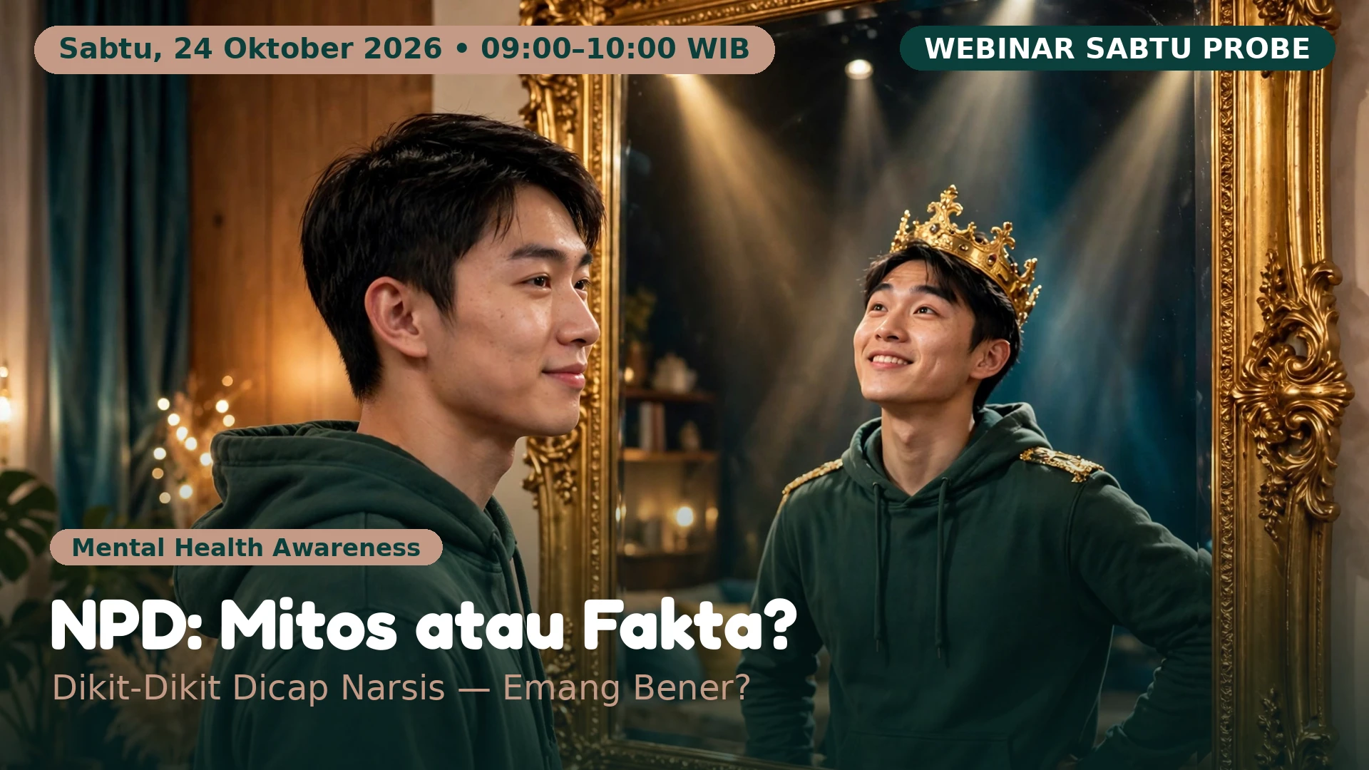 Thumbnail resmi webinar Sabtu Probe “NPD: Mitos atau Fakta?” — seorang pria menatap bayangannya di cermin berbingkai emas yang tersenyum memakai mahkota